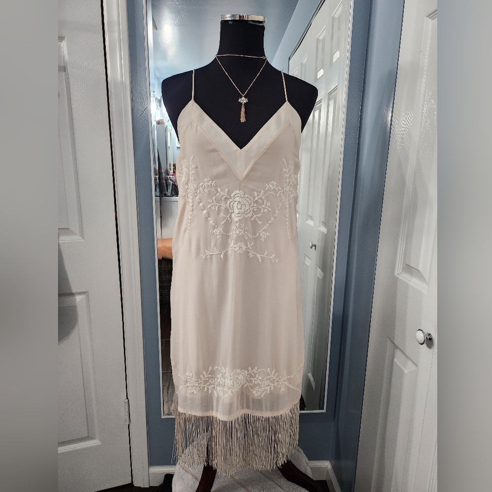 Size 6 Beige spaghetti strap botton fringe dress. no size tag. never worn